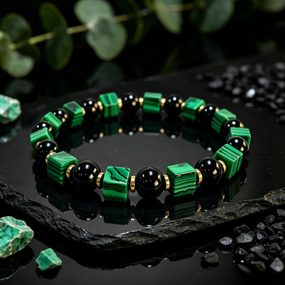 Men's Natural Malachite & Black Onyx Stretch Bracelet, Gift for Him